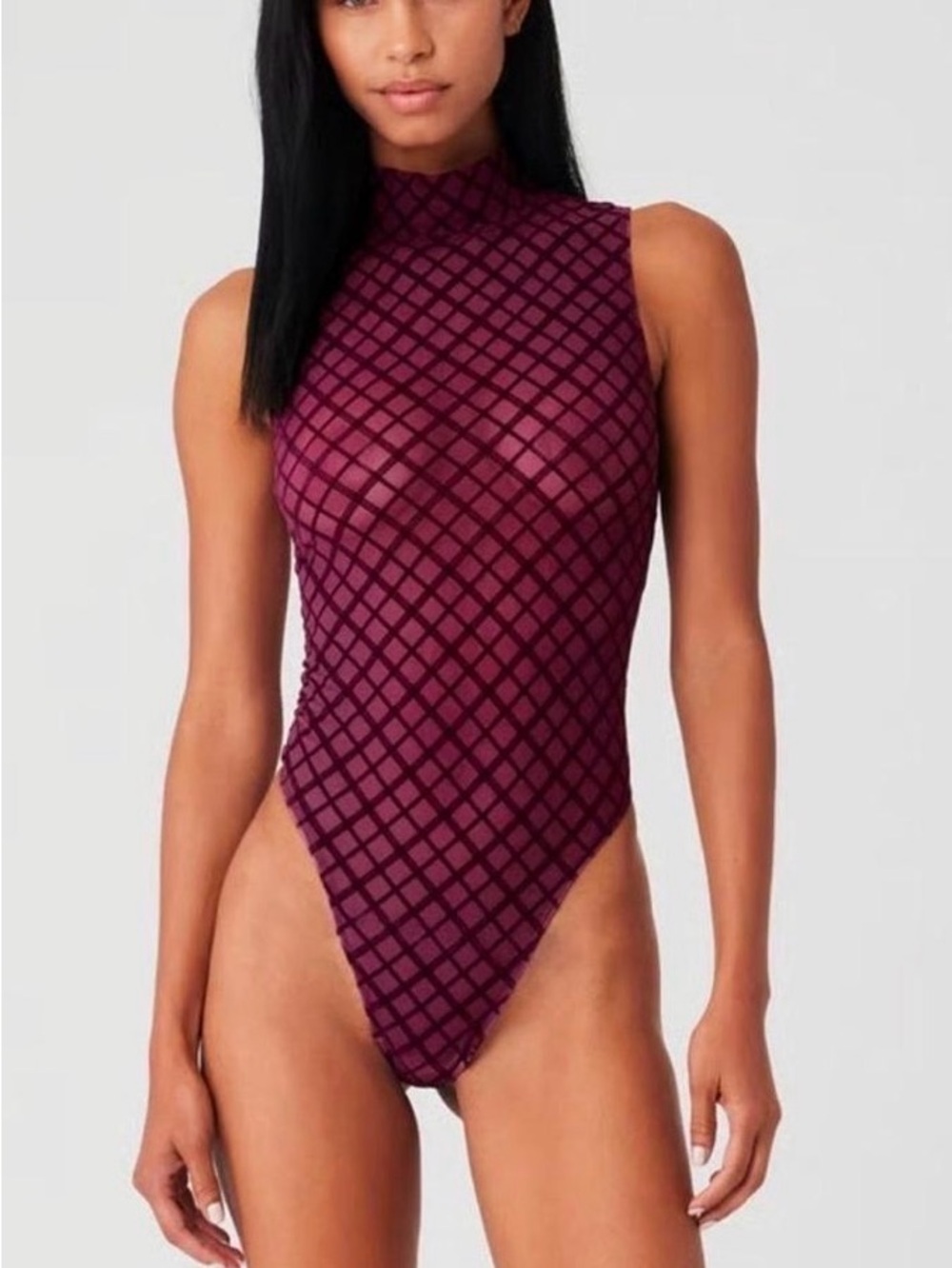 ALO Sleeveless Mock Neck Burgundy Grid-Print Bodysuit